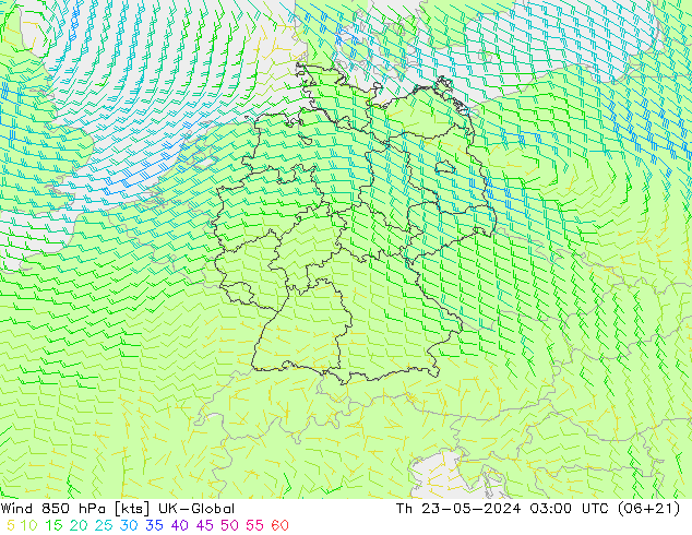Wind 850 hPa UK-Global Th 23.05.2024 03 UTC