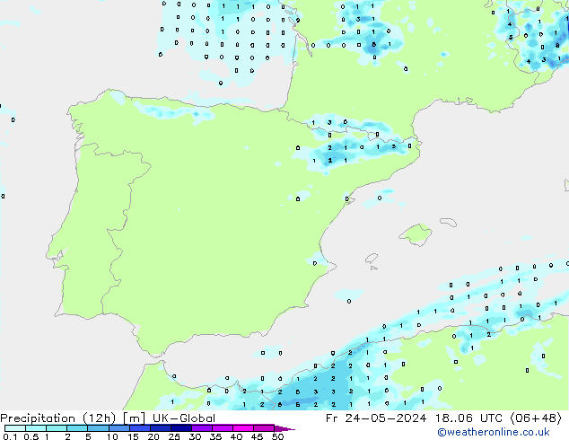 Precipitation (12h) UK-Global Pá 24.05.2024 06 UTC