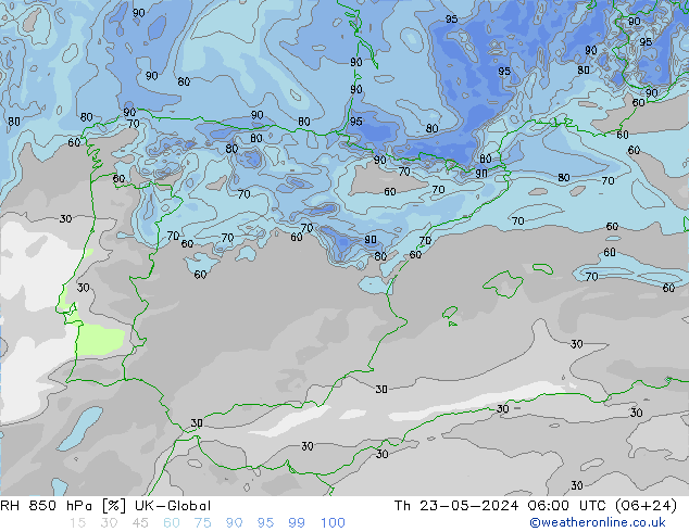 Humidité rel. 850 hPa UK-Global jeu 23.05.2024 06 UTC