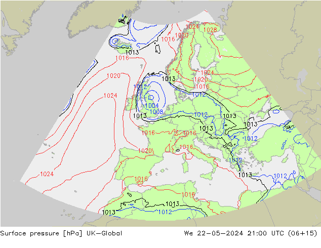 Surface pressure UK-Global We 22.05.2024 21 UTC