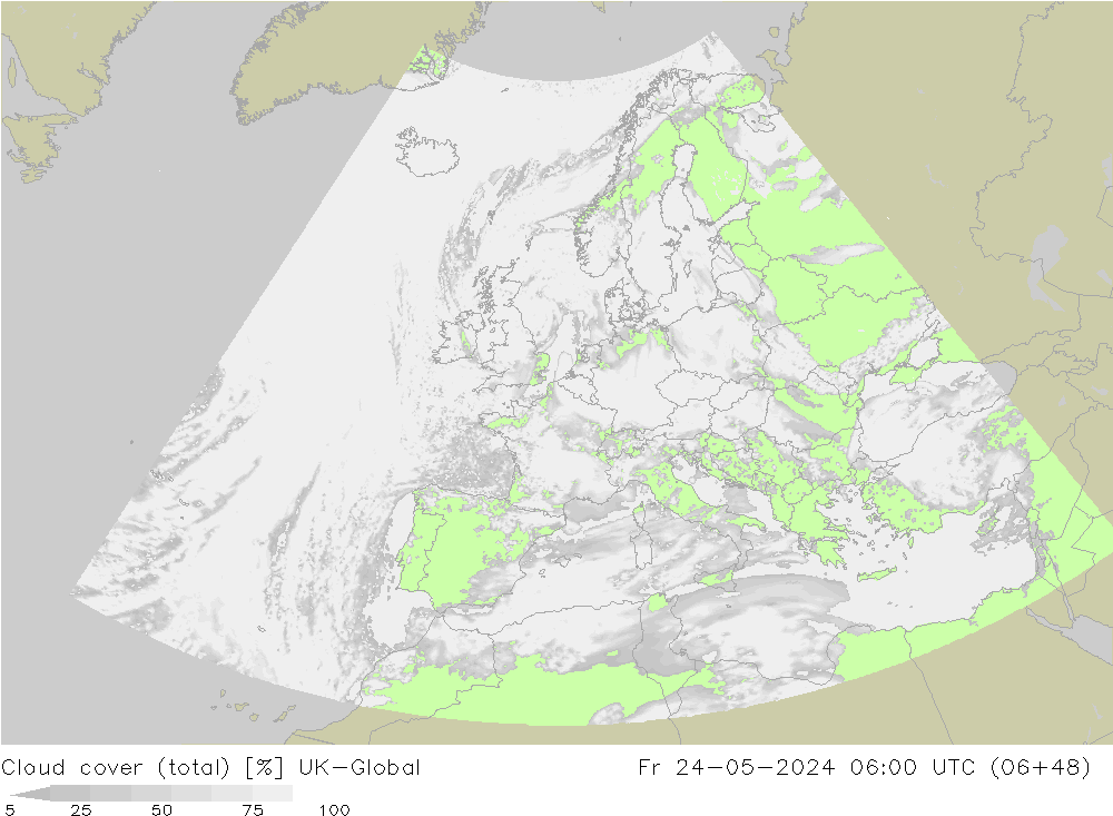 Cloud cover (total) UK-Global Fr 24.05.2024 06 UTC