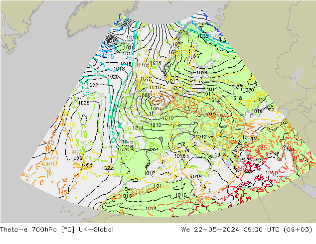 Theta-e 700hPa UK-Global mié 22.05.2024 09 UTC