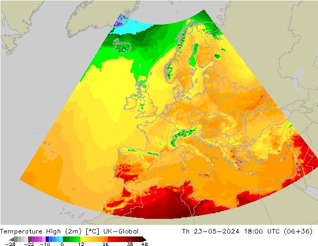 Nejvyšší teplota (2m) UK-Global Čt 23.05.2024 18 UTC
