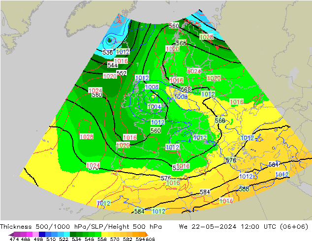 Thck 500-1000hPa UK-Global Qua 22.05.2024 12 UTC