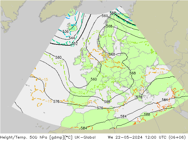 Height/Temp. 500 hPa UK-Global We 22.05.2024 12 UTC
