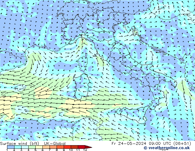 Surface wind (bft) UK-Global Pá 24.05.2024 09 UTC