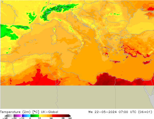 Temperature (2m) UK-Global We 22.05.2024 07 UTC
