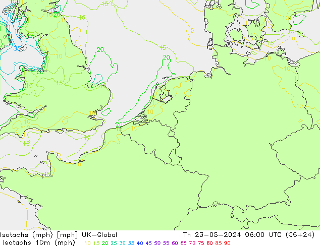 Isotachs (mph) UK-Global 星期四 23.05.2024 06 UTC