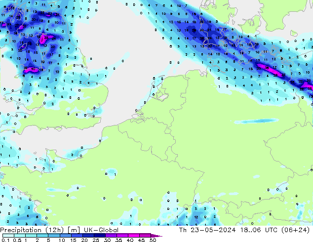降水量 (12h) UK-Global 星期四 23.05.2024 06 UTC