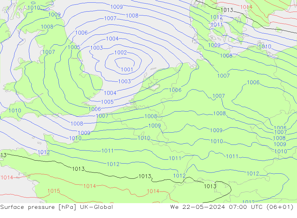 Surface pressure UK-Global We 22.05.2024 07 UTC