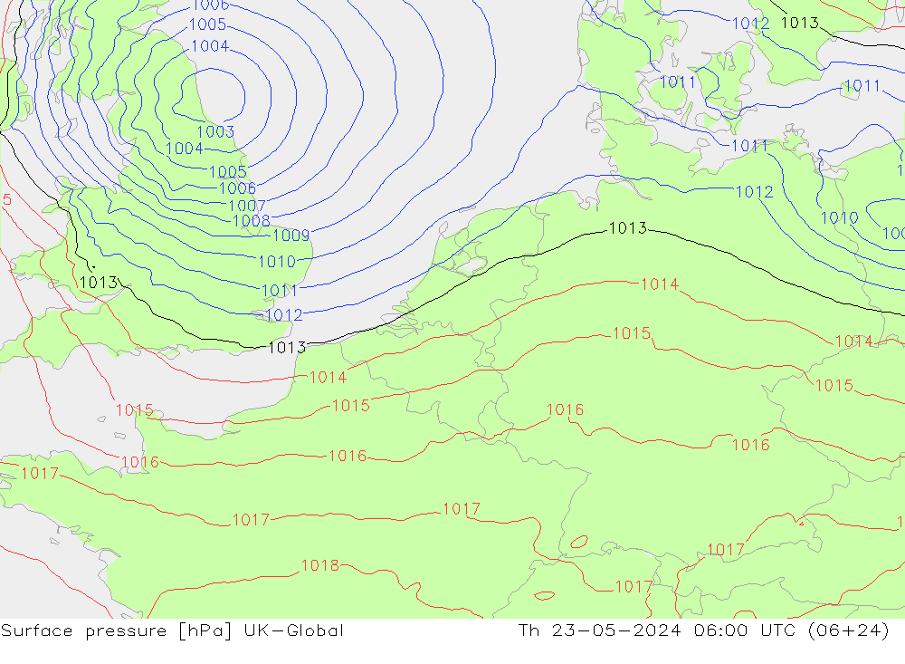 地面气压 UK-Global 星期四 23.05.2024 06 UTC