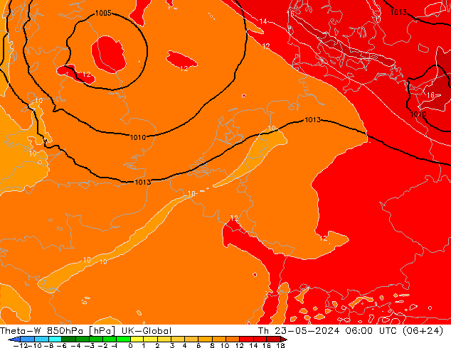 Theta-W 850hPa UK-Global 星期四 23.05.2024 06 UTC