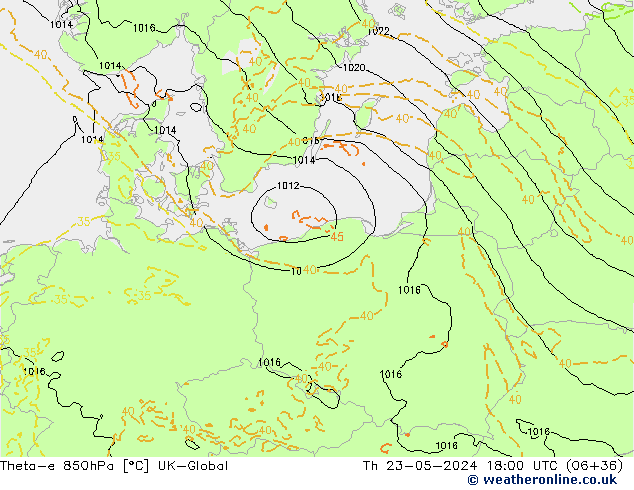 Theta-e 850hPa UK-Global Th 23.05.2024 18 UTC