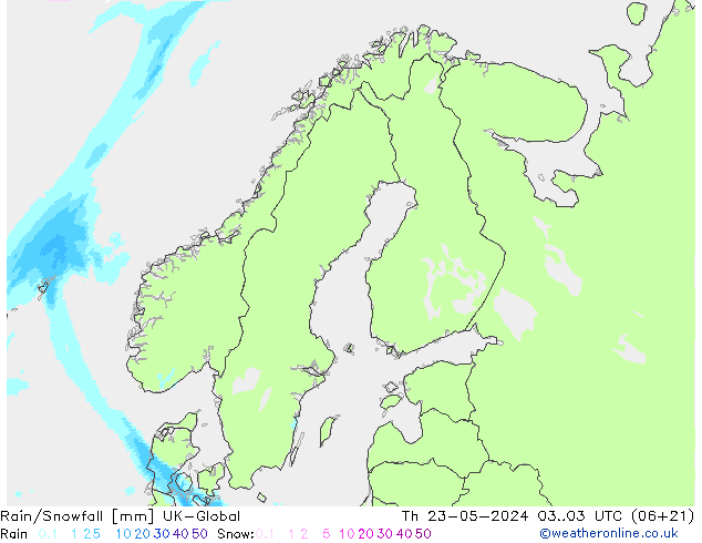 Rain/Snowfall UK-Global czw. 23.05.2024 03 UTC