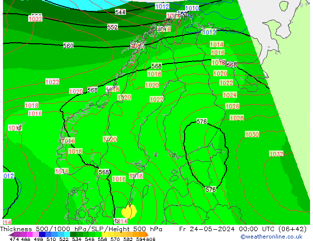 Schichtdicke 500-1000 hPa UK-Global Fr 24.05.2024 00 UTC