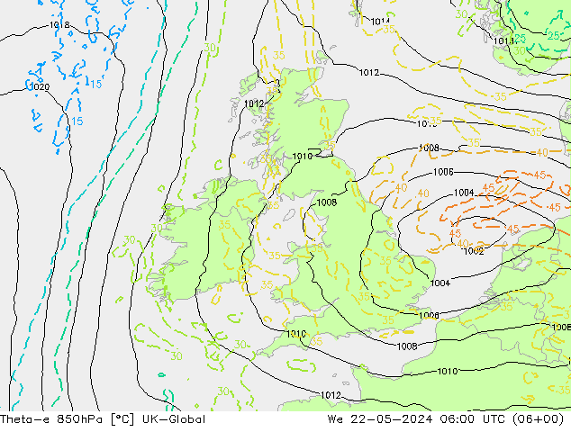 Theta-e 850hPa UK-Global mié 22.05.2024 06 UTC