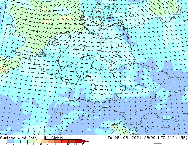 Wind 10 m (bft) UK-Global di 28.05.2024 06 UTC