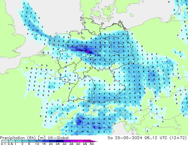 Precipitazione (6h) UK-Global sab 25.05.2024 12 UTC