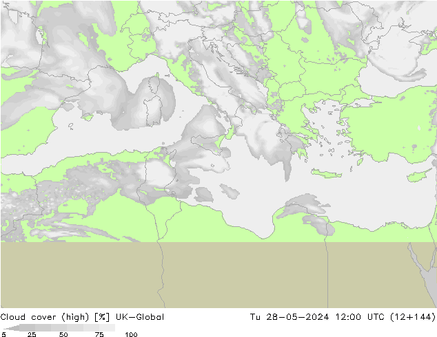 Cloud cover (high) UK-Global Tu 28.05.2024 12 UTC