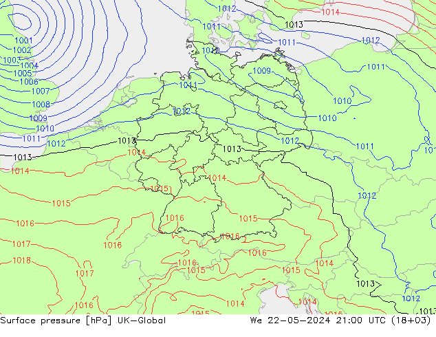 地面气压 UK-Global 星期三 22.05.2024 21 UTC
