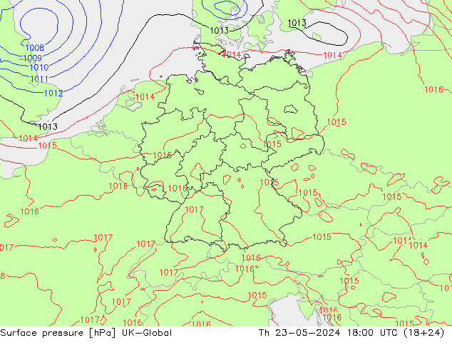 Presión superficial UK-Global jue 23.05.2024 18 UTC