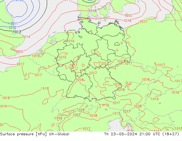 Pressione al suolo UK-Global gio 23.05.2024 21 UTC