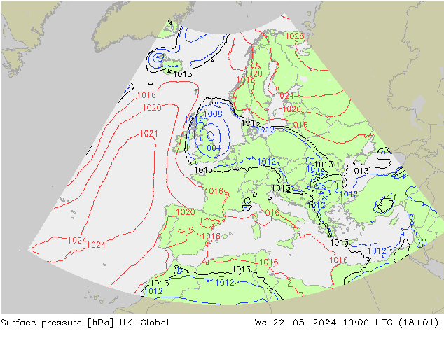 地面气压 UK-Global 星期三 22.05.2024 19 UTC