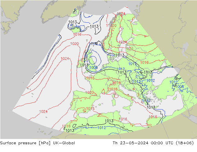 Presión superficial UK-Global jue 23.05.2024 00 UTC