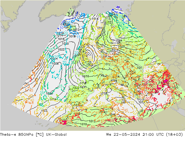 Theta-e 850hPa UK-Global mer 22.05.2024 21 UTC