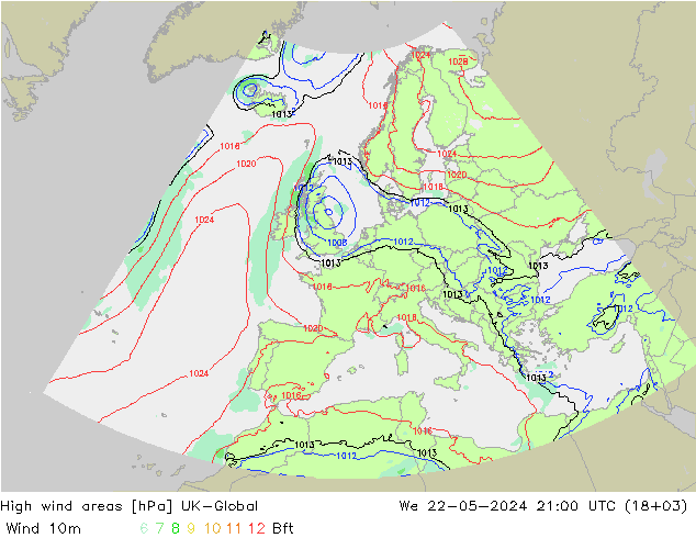 High wind areas UK-Global 星期三 22.05.2024 21 UTC