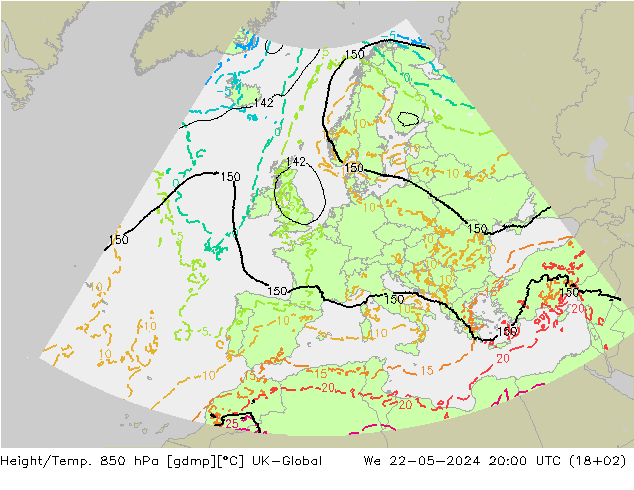 Height/Temp. 850 hPa UK-Global 星期三 22.05.2024 20 UTC