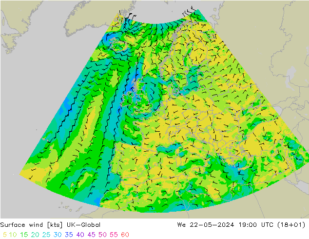 风 10 米 UK-Global 星期三 22.05.2024 19 UTC