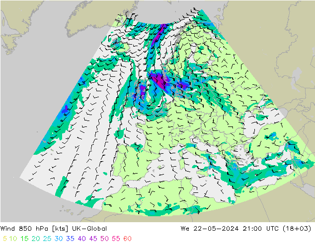 风 850 hPa UK-Global 星期三 22.05.2024 21 UTC