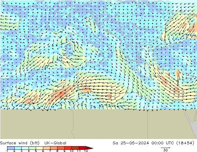 Wind 10 m (bft) UK-Global za 25.05.2024 00 UTC