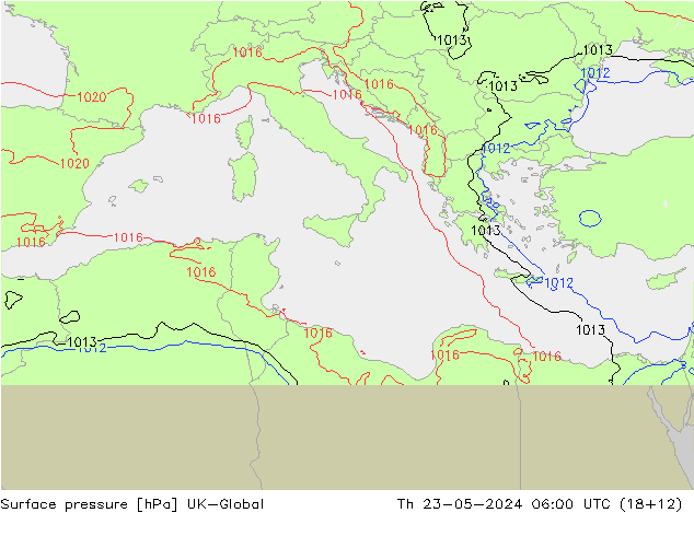 Pressione al suolo UK-Global gio 23.05.2024 06 UTC