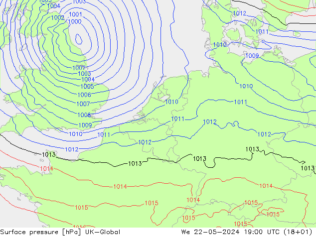 地面气压 UK-Global 星期三 22.05.2024 19 UTC