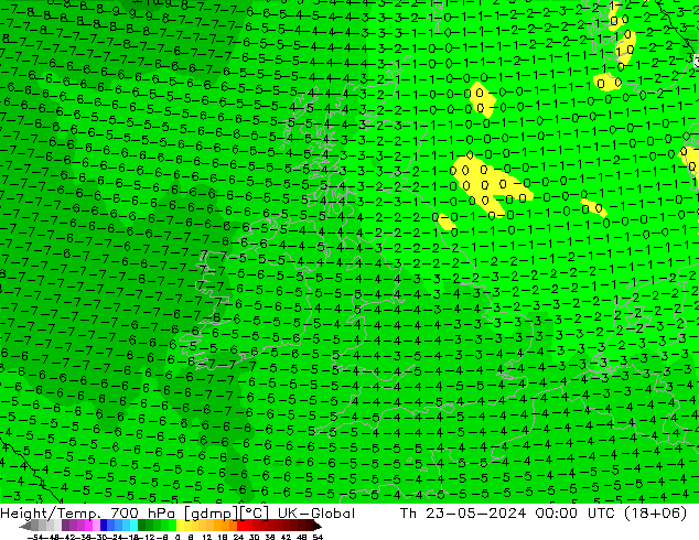 Height/Temp. 700 hPa UK-Global 星期四 23.05.2024 00 UTC