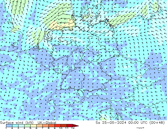 Surface wind (bft) UK-Global Sa 25.05.2024 00 UTC