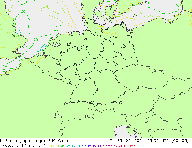 Isotachs (mph) UK-Global 星期四 23.05.2024 03 UTC