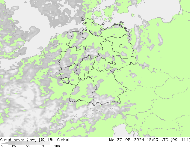 Cloud cover (low) UK-Global Mo 27.05.2024 18 UTC