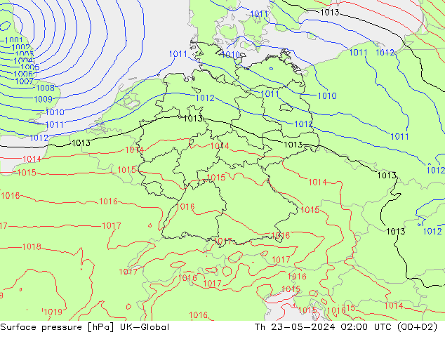地面气压 UK-Global 星期四 23.05.2024 02 UTC