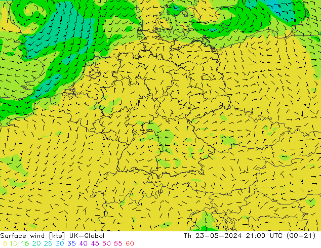 Surface wind UK-Global Čt 23.05.2024 21 UTC