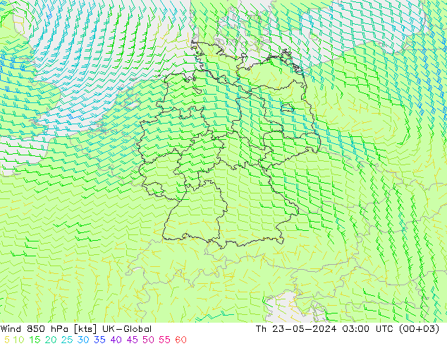 风 850 hPa UK-Global 星期四 23.05.2024 03 UTC
