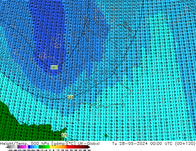 Hoogte/Temp. 500 hPa UK-Global di 28.05.2024 00 UTC