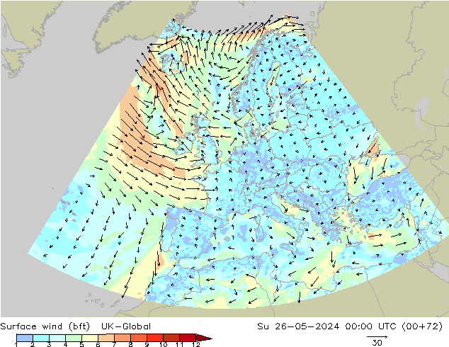 Surface wind (bft) UK-Global Ne 26.05.2024 00 UTC