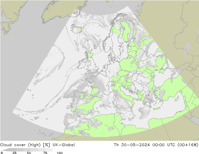 Cloud cover (high) UK-Global Th 30.05.2024 00 UTC