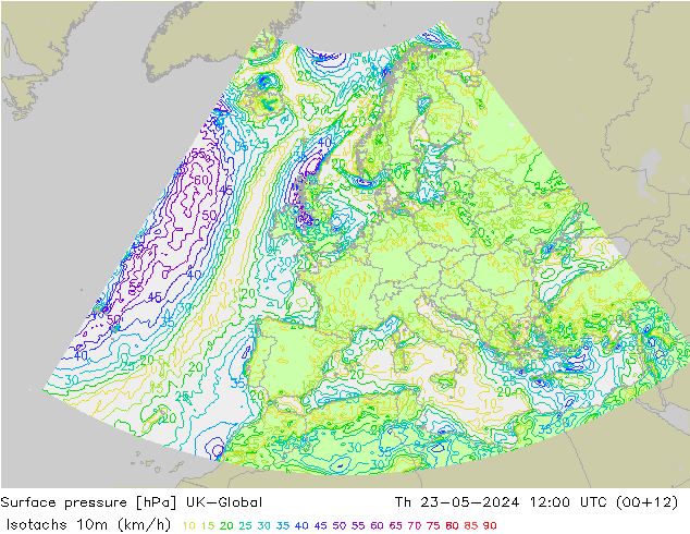 10米等风速线 (kph) UK-Global 星期四 23.05.2024 12 UTC