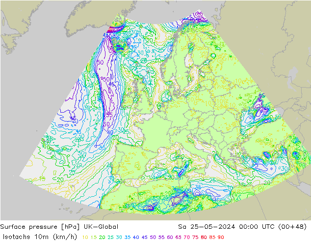 10米等风速线 (kph) UK-Global 星期六 25.05.2024 00 UTC