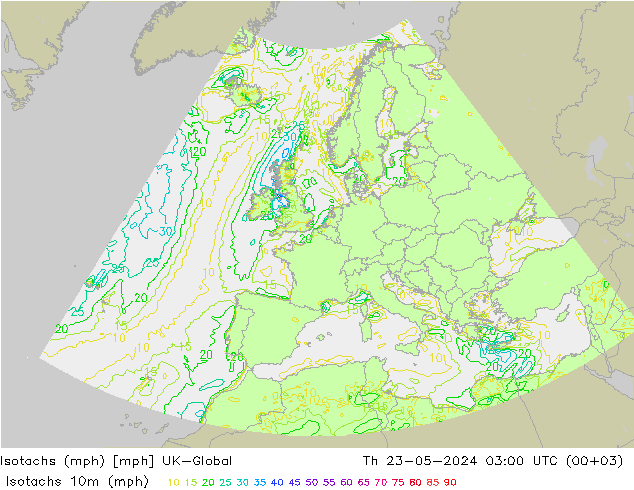 Isotachs (mph) UK-Global 星期四 23.05.2024 03 UTC