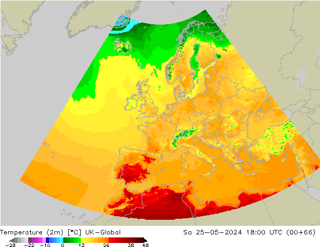 Temperatura (2m) UK-Global Sáb 25.05.2024 18 UTC